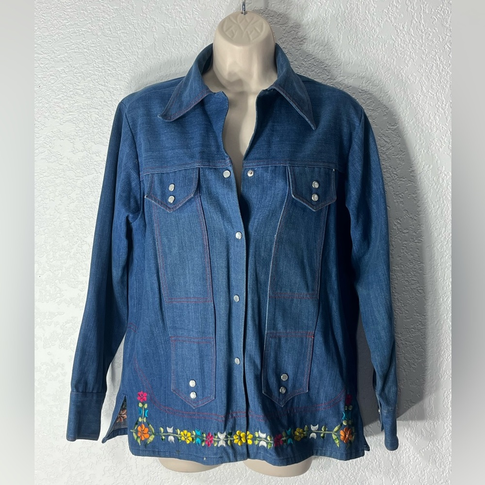 Vintage Pearl Button Flower Lovebird Super Soft Denim Jean Shirt size 36